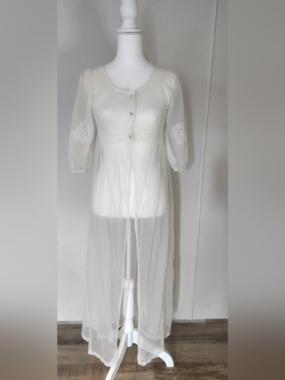 Miss Elaine Sheer Ivory Long Robe with Lace Sleeves